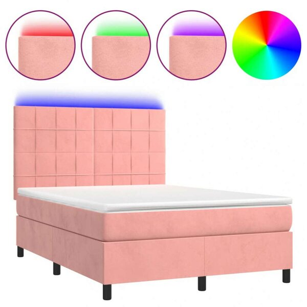 VidaXL rózsaszín bársony rugós és LED-es ágy matraccal 140x190 cm