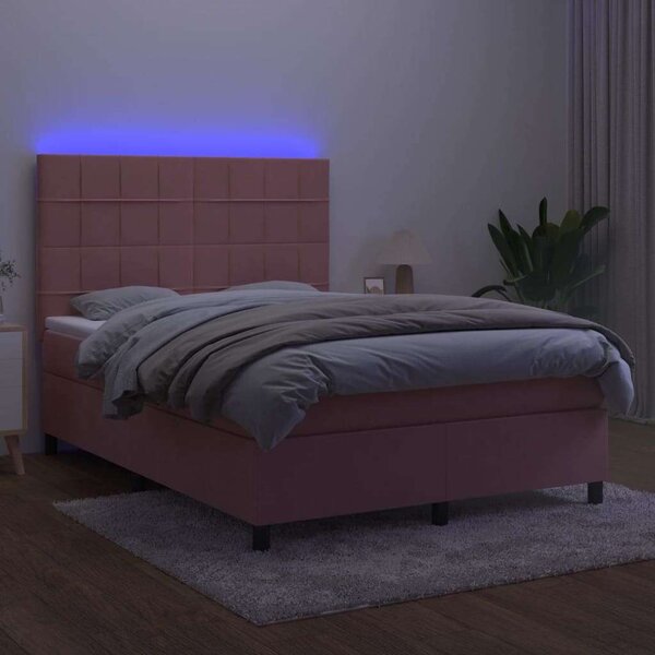 VidaXL rózsaszín bársony rugós és LED-es ágy matraccal 140x190 cm
