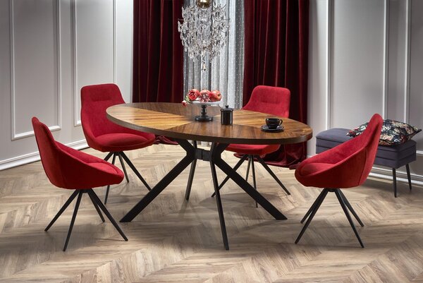 Locarno MDF, Furnéer és Fém Asztal, Dió / Fekete + 4 K431 Kárpitozott Szék Fém lábakkal, Piros / Fekete, H170xSz90xM75 cm