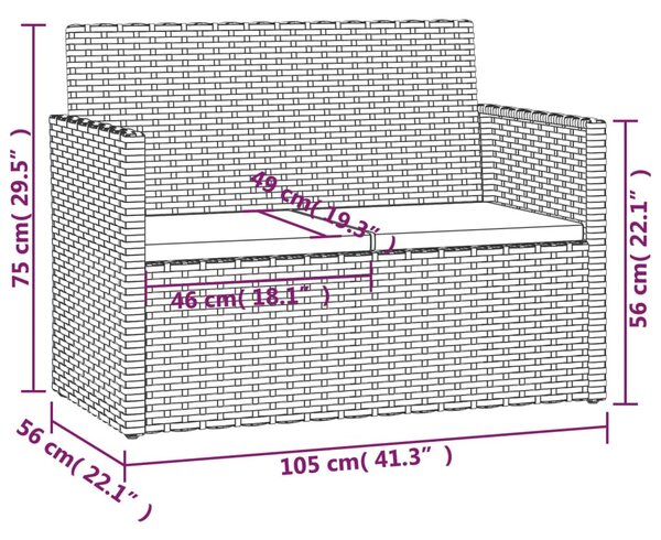 Szürke polyrattan kerti pad párnákkal 105 cm