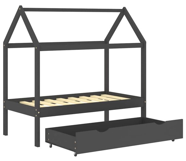 Sötétszürke tömör fenyőfa gyerekágykeret fiókkal 70 x 140 cm