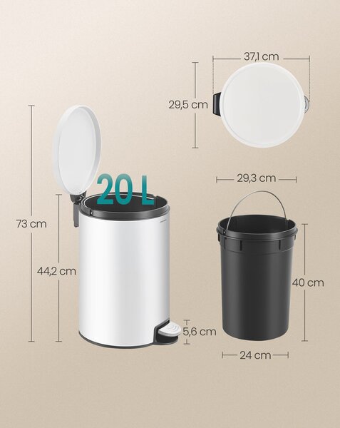 Fém kerek konyhai szemetes, 20 L, pedálos, levehető belső vödörrel, fehér