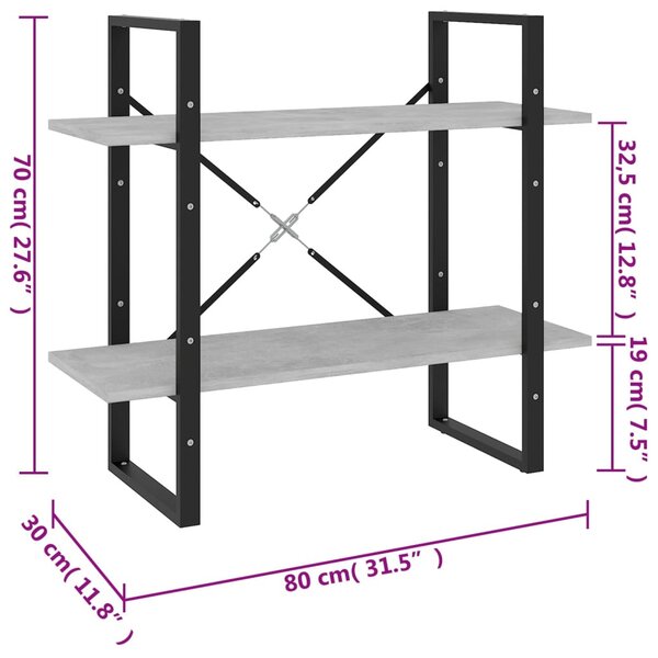 2-szintes betonszürke szerelt fa könyvszekrény 80 x 30 x 70 cm