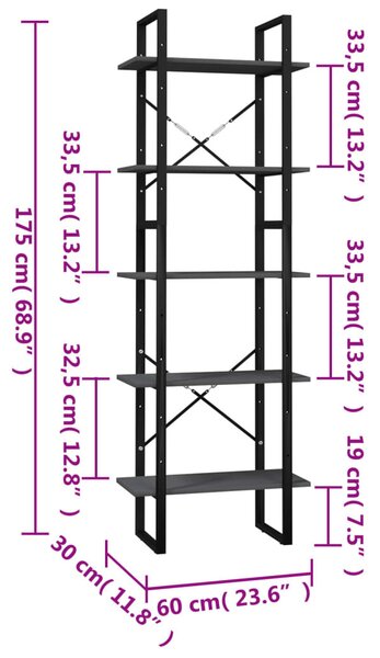 Ötszintes szürke fenyőfa könyvszekrény 60 x 30 x 175 cm