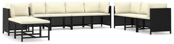10 részes fekete polyrattan kerti bútorszett párnákkal
