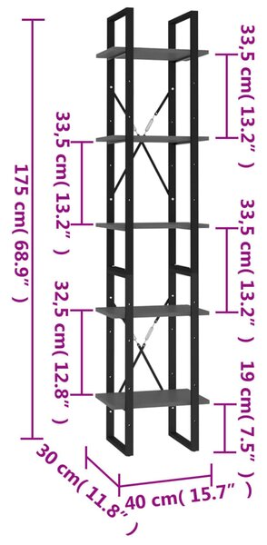 5 szintes szürke szerelt fa könyvszekrény 40 x 30 x 175 cm