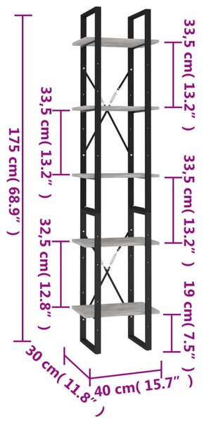 5 szintes betonszürke szerelt fa könyvszekrény 40 x 30 x 175 cm
