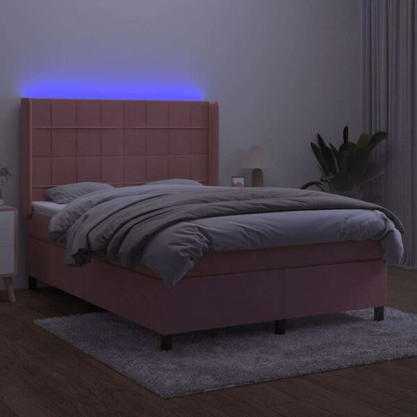 VidaXL rózsaszín bársony rugós és LED-es ágy matraccal 140x200 cm