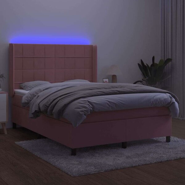 VidaXL rózsaszín bársony rugós és LED-es ágy matraccal 140x200 cm