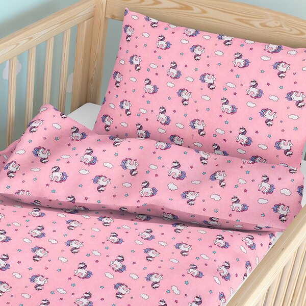 Goldea gyermek pamut ágyneműhuzat kiságyba - cikkszám 995 egyszarvúak rózsaszín alapon 90 x 140 és 40 x 60 cm