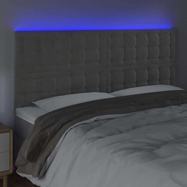 Világosszürke bársony led-es fejtámla 160x5x118/128 cm