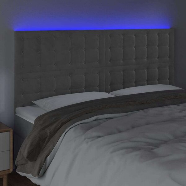 Világosszürke bársony led-es fejtámla 160x5x118/128 cm