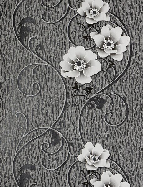 Fekete-fehér virág mintás tapéta (33770)