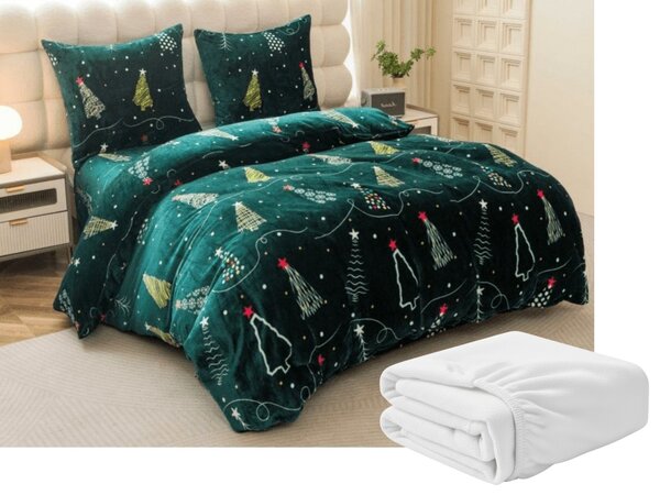 Mikroplüss ágyneműhuzat szett CHRISTMAS DRIFT zöld + Mikroplüss lepedő SOFT 90x200 cm fehér, egyszemélyes