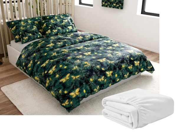 Mikroplüss ágyneműhuzat szett YELLOW BUTTERFLY sötétzöld + mikroplüss lepedő SOFT 90x200 cm fehér, egyszemélyes