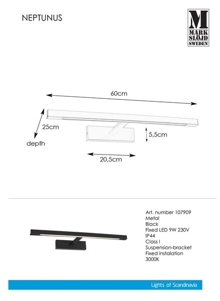 Fekete LED fali lámpa (hosszúság 60 cm) Neptunus – Markslöjd