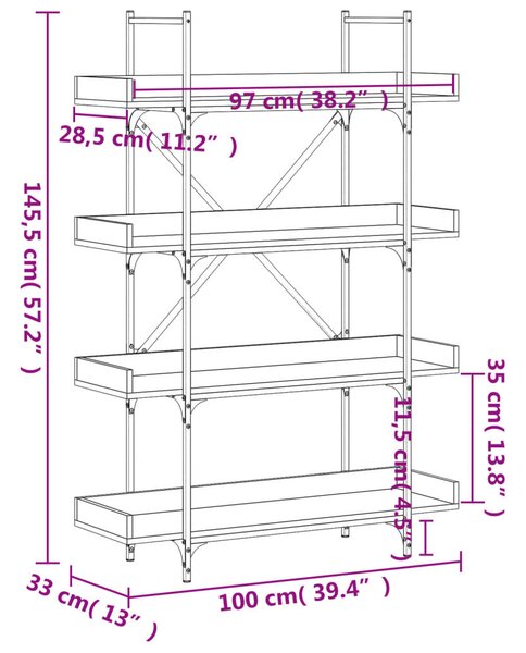 4-szintes barna tölgy szerelt fa könyvespolc 100x33x145,5 cm