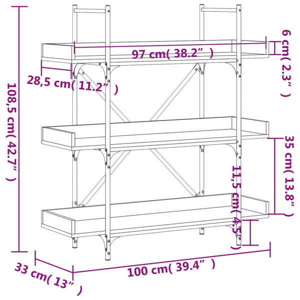 3-szintes fekete szerelt fa könyvespolc 100 x 33 x 108,5 cm