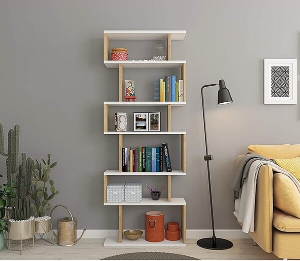 Fehér-natúr színű könyvespolc tölgyfa dekorral 60x160 cm Bates – Kalune Design