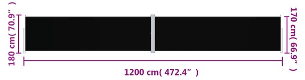 Fekete behúzható oldalsó napellenző 180 x 1200 cm