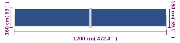 Kék behúzható oldalsó napellenző 160 x 1200 cm