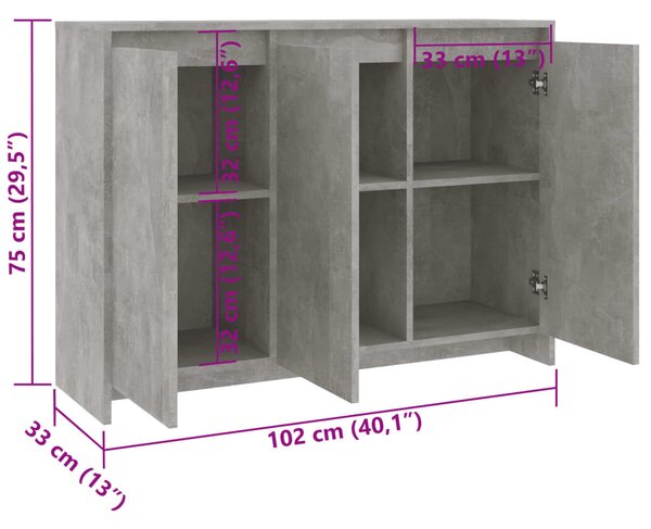 Betonszürke szerelt fa tálalószekrény 102 x 33 x 75 cm