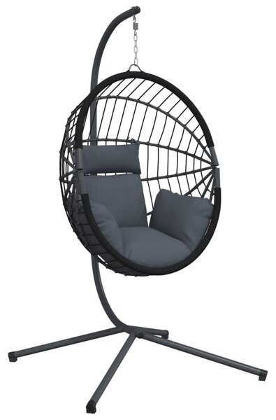 Antracitszürke rattan és acél függő kagylószék állvánnyal