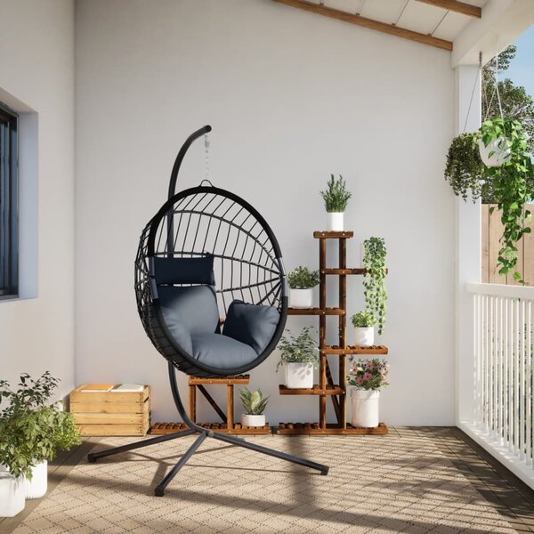 Antracitszürke rattan és acél függő kagylószék állvánnyal