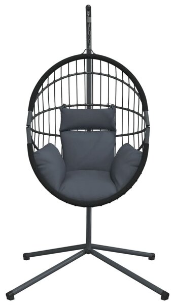 Antracitszürke rattan és acél függő kagylószék állvánnyal