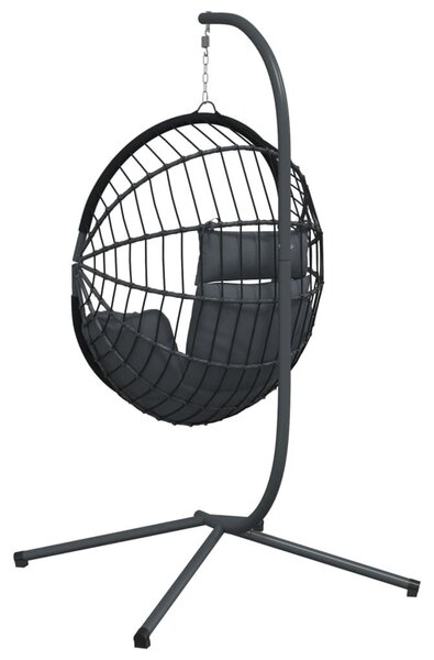 Antracitszürke rattan és acél függő kagylószék állvánnyal