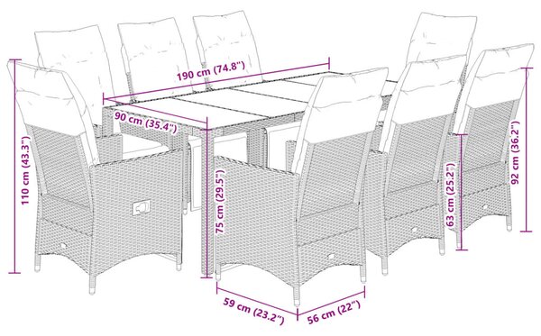 9 részes bézs polyrattan kerti bisztrógarnitúra párnákkal