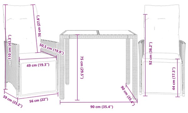 3 részes bézs polyrattan kerti bisztrógarnitúra párnákkal