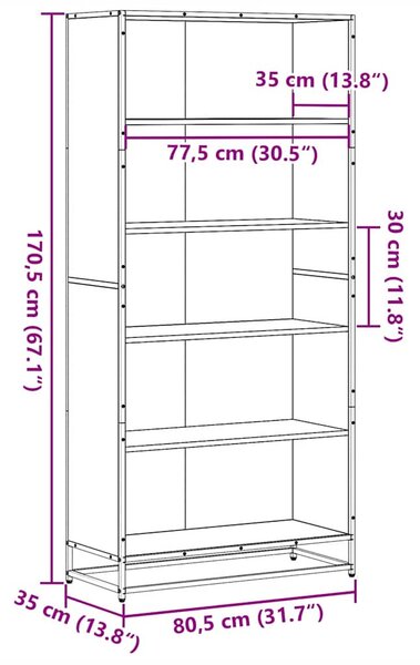 Füstölt tölgy színű szerelt fa könyvespolc 80,5 x 35 x 170,5 cm