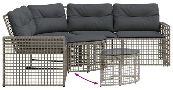 L-alakú szürke polyrattan kerti kanapé párnákkal és lábtartóval