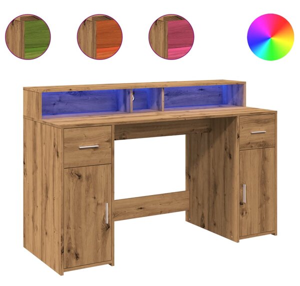 Kézműves tölgy színű szerelt fa LED-es íróasztal 140x55x91 cm