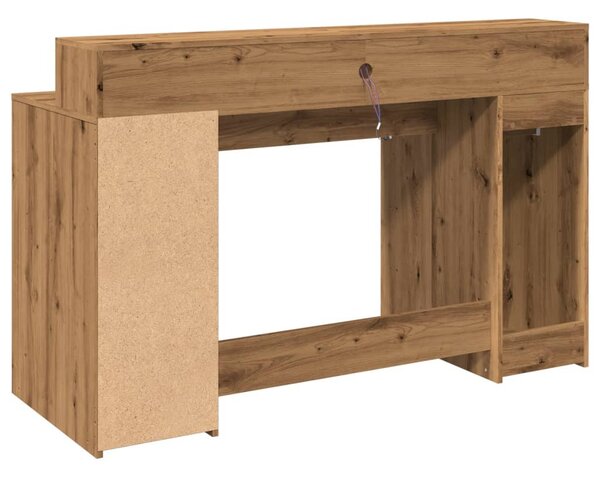 Kézműves tölgy színű szerelt fa LED-es íróasztal 140x55x91 cm