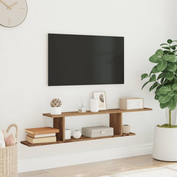 Kézműves tölgy színű szerelt fa fali TV-polc 125 x 18 x 23 cm