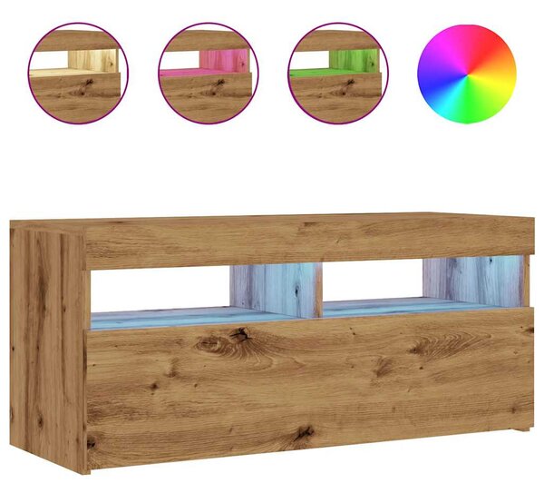 Kézműves tölgy szerelt fa TV-szekrény LED-ekkel 90x35x40 cm