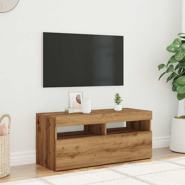 Kézműves tölgy szerelt fa TV-szekrény LED-ekkel 90x35x40 cm