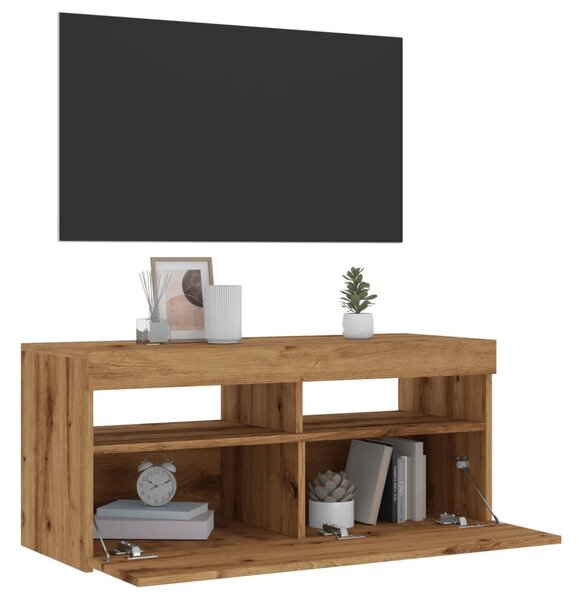Kézműves tölgy szerelt fa TV-szekrény LED-ekkel 90x35x40 cm