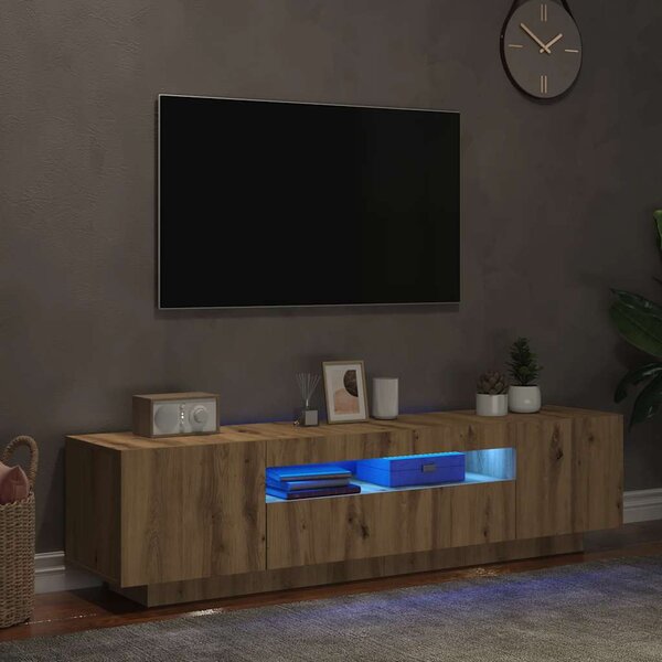 Kézműves tölgy szerelt fa TV-szekrény LED-ekkel 160x35x40 cm