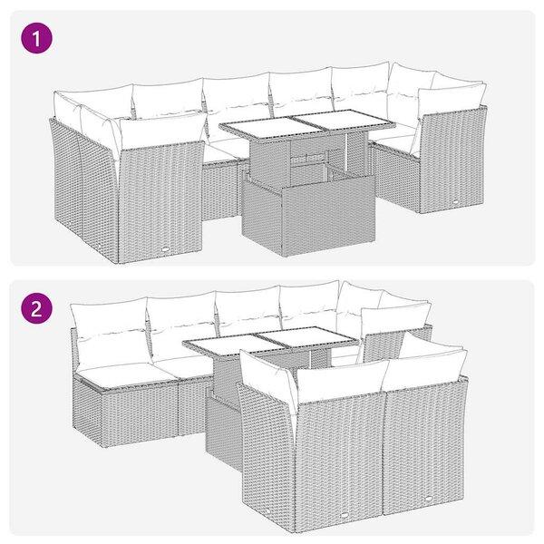8 részes fekete polyrattan akácfa kerti ülőgarnitúra párnákkal