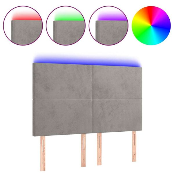 Világosszürke bársony led-es fejtámla 144x5x118/128 cm