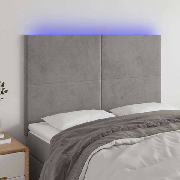 Világosszürke bársony led-es fejtámla 144x5x118/128 cm