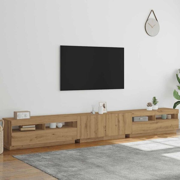 Kézműves tölgy szerelt fa TV-szekrény LED-ekkel 300x35x40 cm