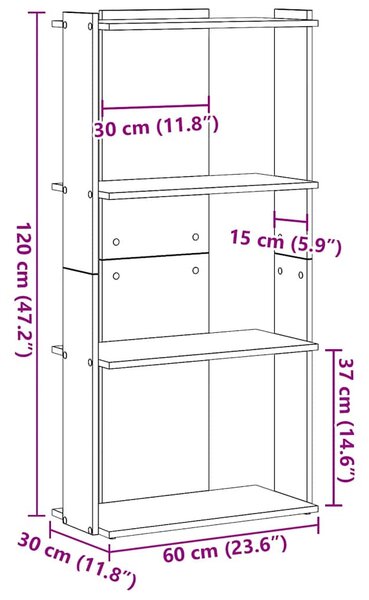 Könyvespolc 3 szintes fehér 60x30x120 cm műfa