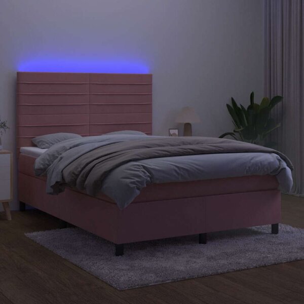 VidaXL rózsaszín bársony rugós és LED-es ágy matraccal 140x200 cm