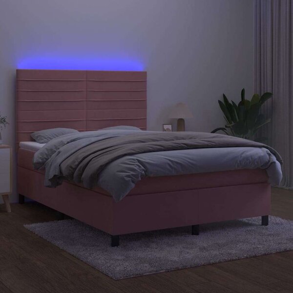 VidaXL rózsaszín bársony rugós és LED-es ágy matraccal 140x200 cm