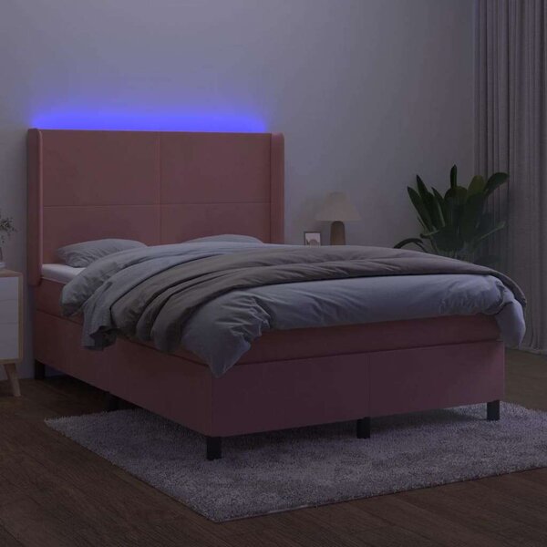 VidaXL rózsaszín bársony rugós és LED-es ágy matraccal 140x190 cm