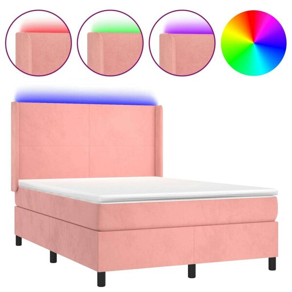 VidaXL rózsaszín bársony rugós és LED-es ágy matraccal 140x190 cm